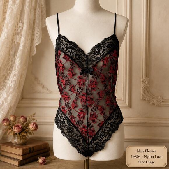 nan flower Other - Vintage Nan Flower Black Red Lace Teddy Bodysuit 1980s Nylon Large